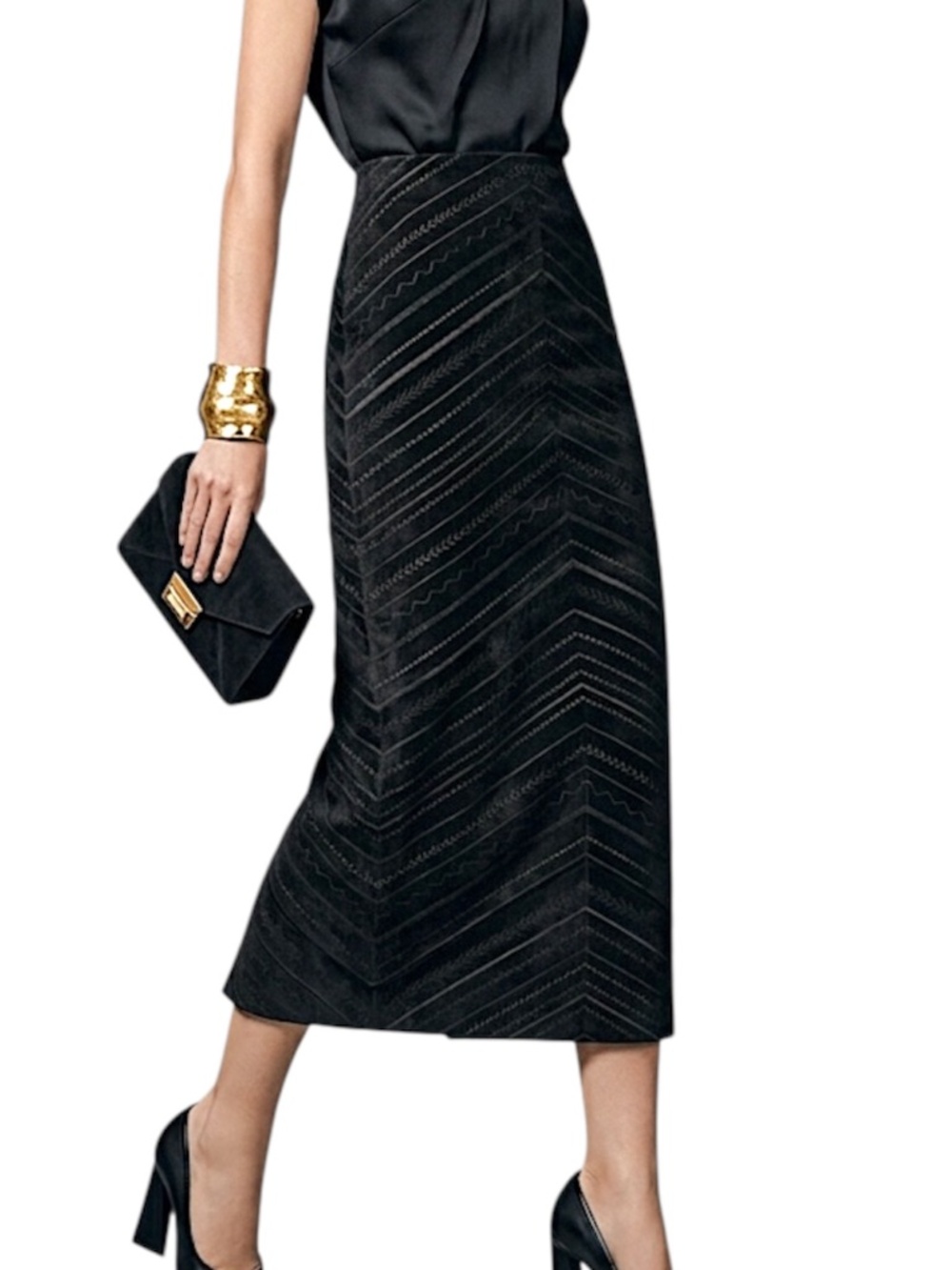 Minimalist genuine suede black tonal embroidered old money pencil skirt 12